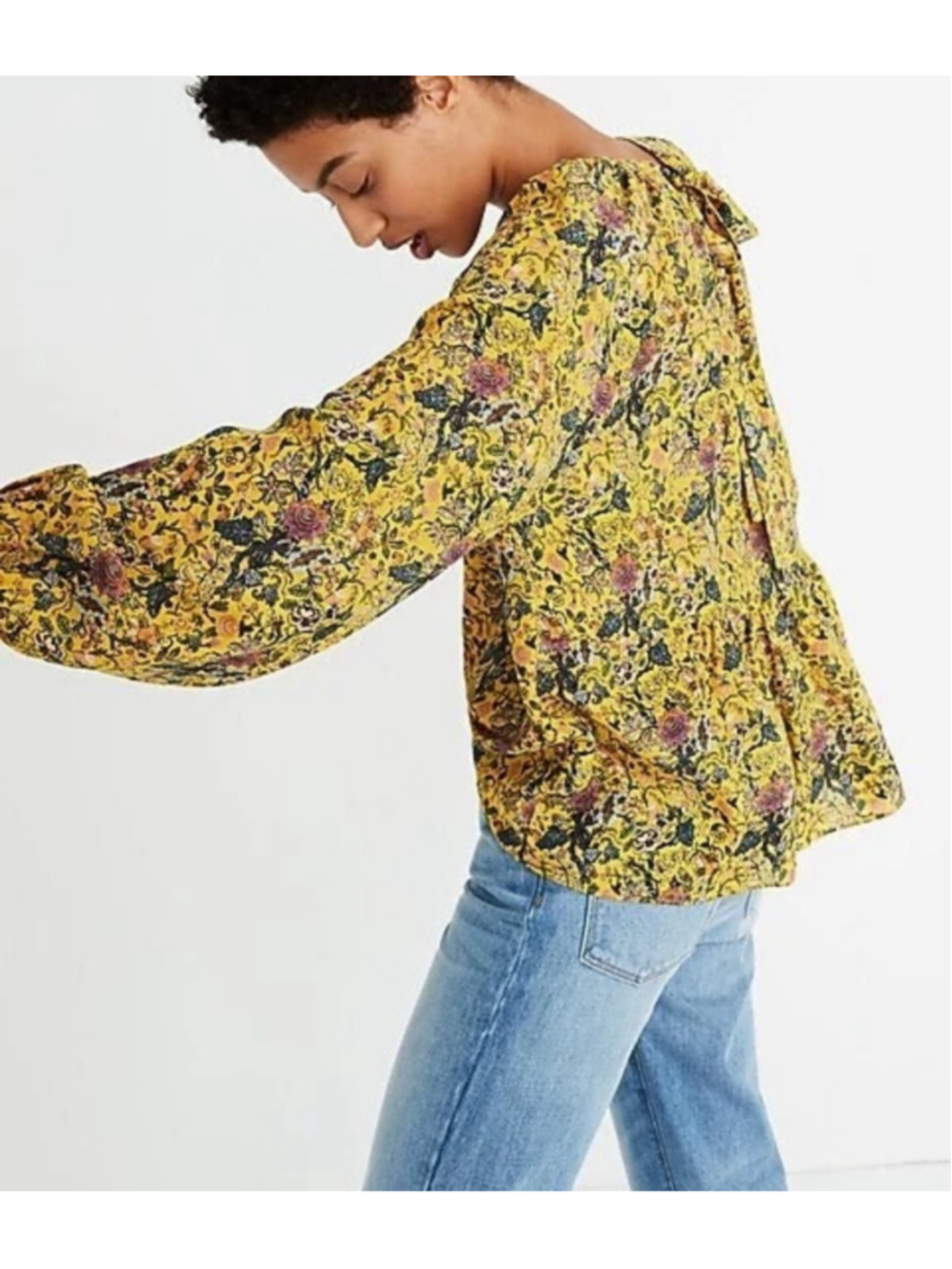 Madewell x Karen Walker 100% Silk Floral Boho Blouse Top Mustard Yellow XL - Picture 5 of 10
